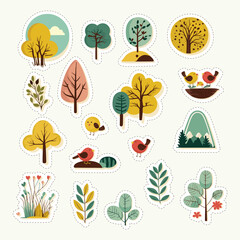 Sticker Style Tree, Flower, Cute Birds, Leaves With Mountains Element Set.