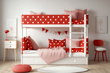 Modern interior design of woman or childrens bedroom with bunk. Super photo realistic background, generative ai