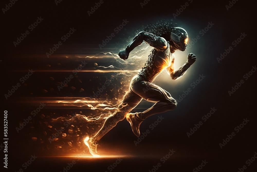 Poster a fast running runner leaves behind a speed light. generative ai