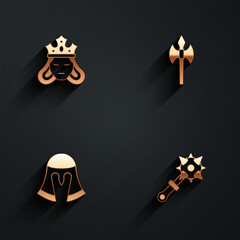 Set Princess or queen, Medieval axe, helmet and Mace with spikes icon with long shadow. Vector