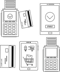 set of black and white icons payment by bank card, contactless payment, payment via phone