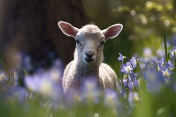 spring lamb in a bluebell field