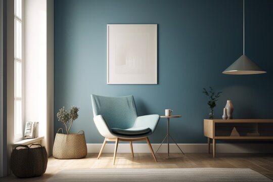 Interior design for a Scandinavian living room featuring a blue mock up wall, an armchair on a wooden floor, and a lampshade. Generative AI