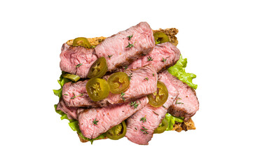 Griiled Steak sandwich with sliced beef, rocket and vegetables on bread.  Isolated, transparent...