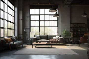 modern living room, Living room interior in a loft, industrial style, 3d render,  unique antic design Generative AI