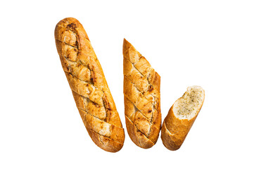 Garlic butter bread, baked baguette with herbs.  Isolated, transparent background.