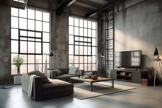 modern living room, Living room interior in a loft, industrial style, 3d render,  unique antic design Generative AI