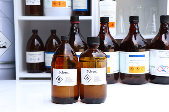 Solvent in glass,Hazardous chemicals and symbols on containers