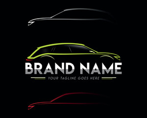 Car Logo Concept Sport Wagon silhouette in Black Background and Colours Variations
