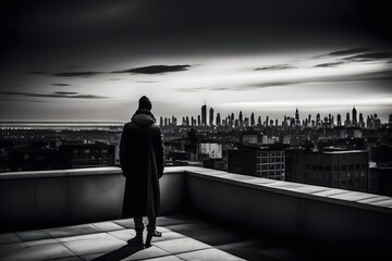 Rendering of "Contemplating the City: A Figure on a Rooftop". Generative AI. 