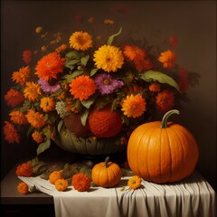 pumpkins and leaves still life created with Generative AI technology