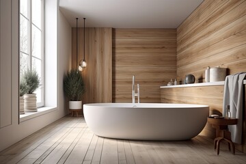 Naklejka na ściany i meble Bathroom with white and wooden walls and a white bathtub on a wooden floor. a lateral view a mockup. Generative AI