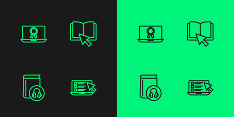 Set line Online quiz, test, survey, Audio book, education with diploma and icon. Vector