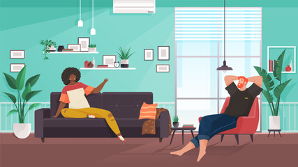 Love couple talking at home. Happy romantic married man and woman sitting in living room interior. Husband and wife in cosy homey apartment, communicating and relaxing. Family relationships