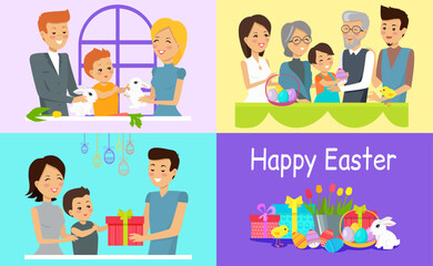 Easter family holiday banners set. Happy men, women and children with painted eggs, rabbits and gifts. Religious people parents and kids together doing decorations for international spring holiday