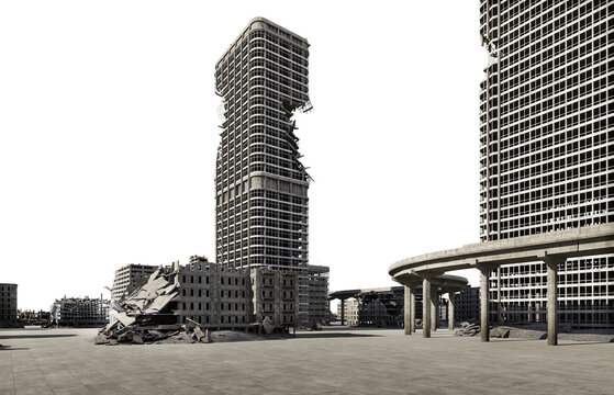 A ghost town born of war on a transparent background.