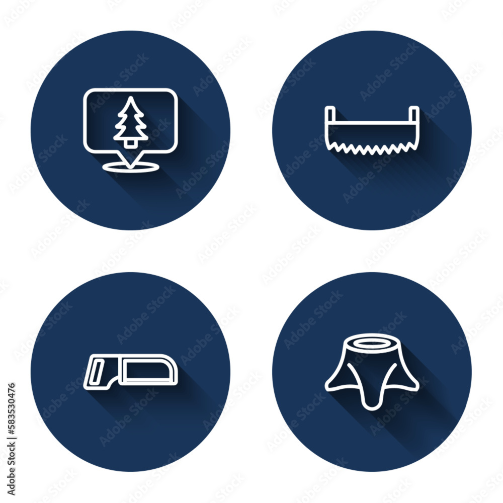 Poster set line location of the forest, two-handed saw, hacksaw and tree stump with long shadow. blue circl