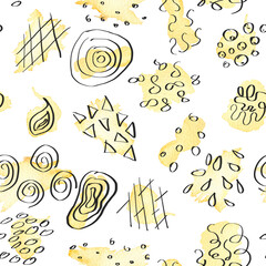 Watercolor abstract shapes. Seamless pattern of watercolor spots and doodle lines. Design for backgrounds, cards, flyers.