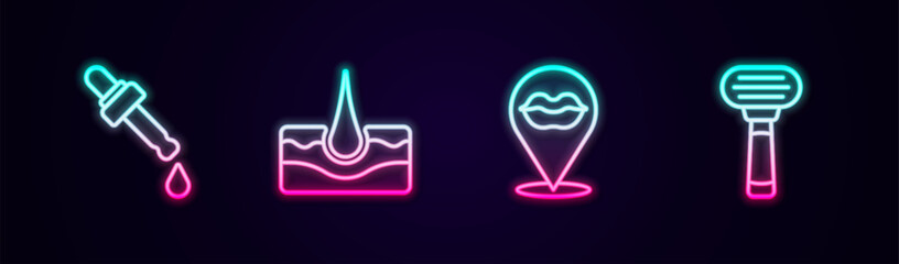Set line Pipette with oil, Human hair follicle, Smiling lips and Shaving razor. Glowing neon icon. Vector