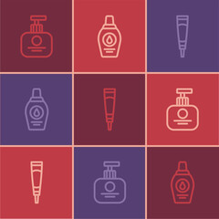 Set line Tube of hand cream, Cream or lotion cosmetic tube and Bottle shampoo icon. Vector