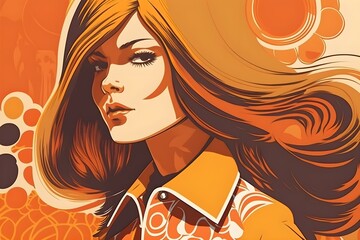 Retro glam Woman in the 1970's with orange flipped hair and butterfly collar and bright orange background 