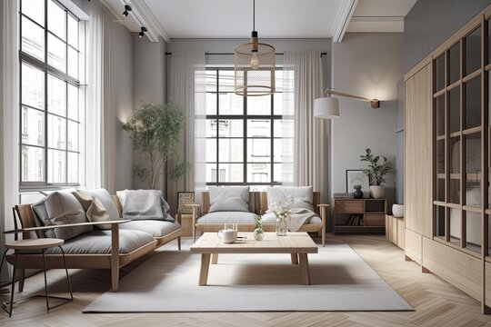A living room decorated in the Scandinavian style, with elegant gray sofas arranged in a square. Loft windows and original floor lighting. a dresser made of wood. Generative AI