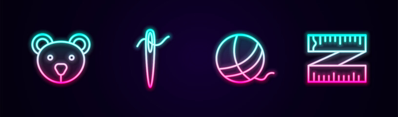 Set line Teddy bear plush toy, Needle for sewing with thread, Yarn ball and Tape measure. Glowing neon icon. Vector