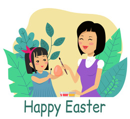 Easter family holiday banners set. Happy men, women and children with painted eggs, gifts. Religious people parents and kids together doing decorations for international spring holiday