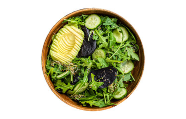 Green vegan salad with green leaves mix, avocado and vegetables.  Isolated, transparent background.