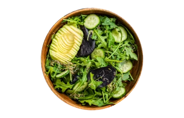 Gordijnen Green vegan salad with green leaves mix, avocado and vegetables.  Isolated, transparent background. © Vladimir