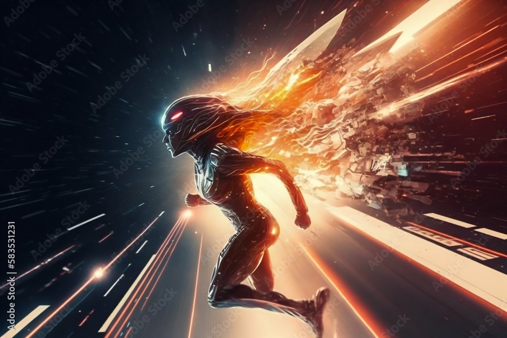 Poster a fast running runner leaves behind a speed light. generative ai