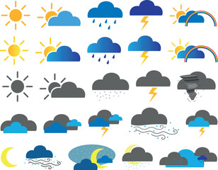 Weather stickers. Sun, moon, clouds and rainbow. With rain, snow and wind. With and without a gradient. Yellow, blue, and gray colors.