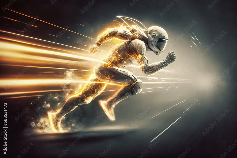 Poster a fast running runner leaves behind a speed light. generative ai