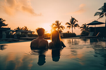 Young couple relaxing and enjoying the sunset by a tropical resort pool while traveling for summer vacation. 