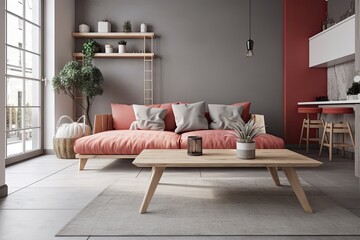 In a living room with gray and red decor and a table in the front, there is a gray sofa with red cushions. prototype blurred. Generative AI