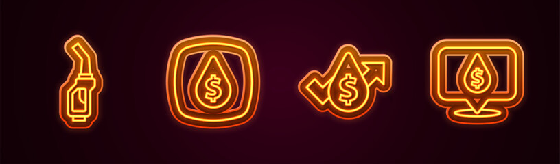 Set line Gasoline pump nozzle, Oil drop with dollar symbol, price increase and . Glowing neon icon. Vector