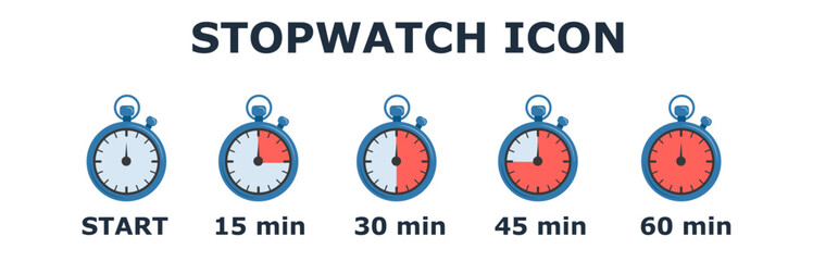 Stopwatch icons set in flat style. Vector illustration