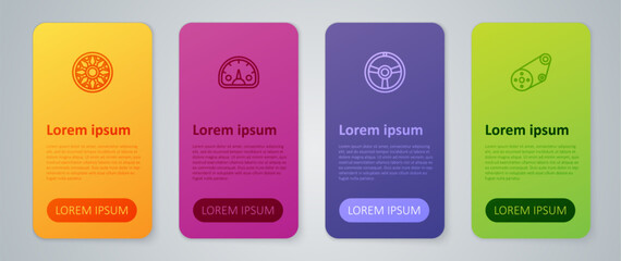 Set line Racing steering wheel, Timing belt kit, Alloy for car and Speedometer. Business infographic template. Vector