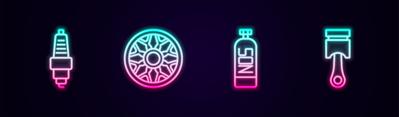 Set line Car spark plug, Alloy wheel for car, Nitrous oxide and Engine piston. Glowing neon icon. Vector