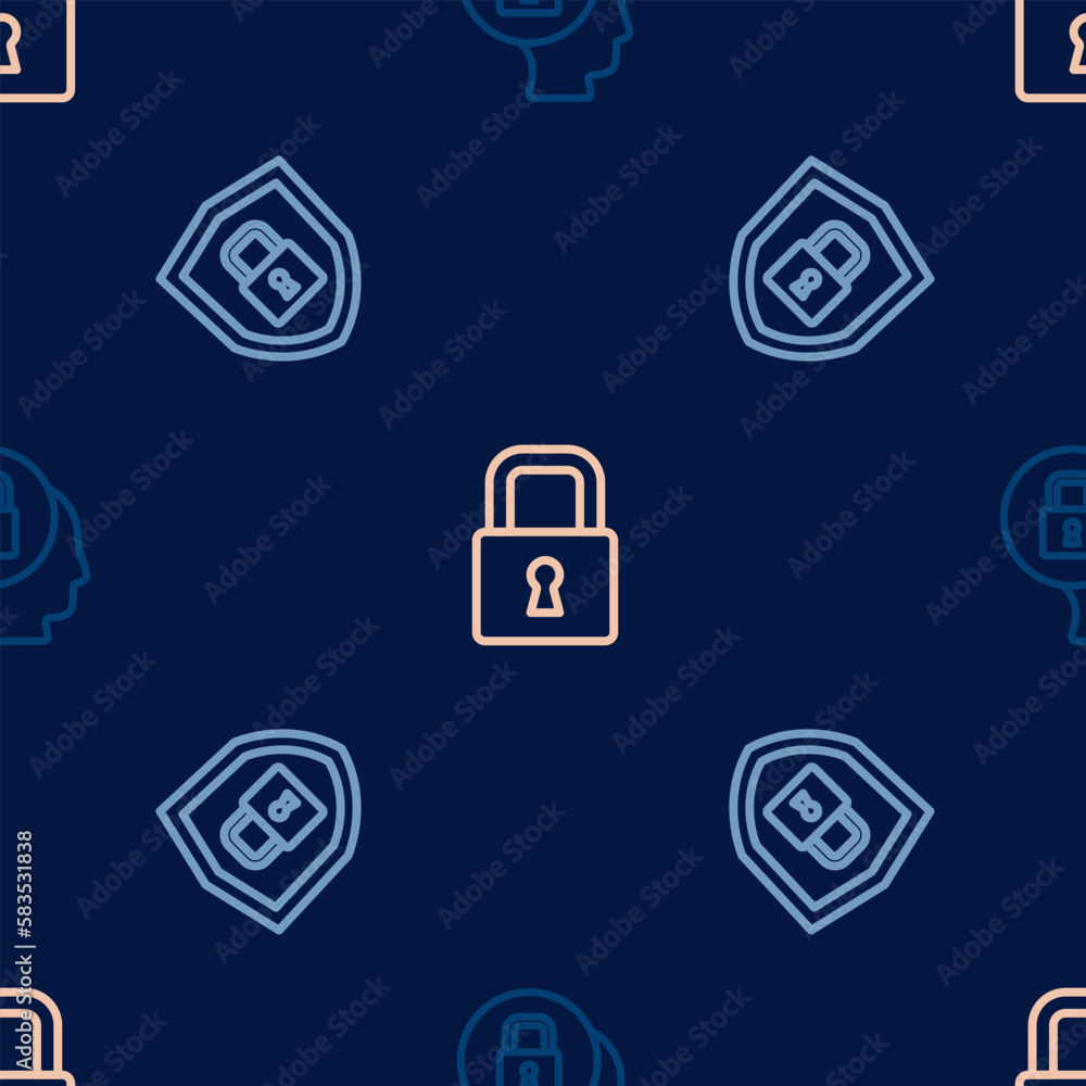 Aufkleber set line lock, shield security with lock and on seamless pattern. vector