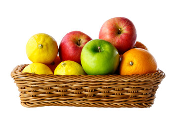 assorted fresh fruits apple,orange,lemon,in a square basket on white background, with copy space.