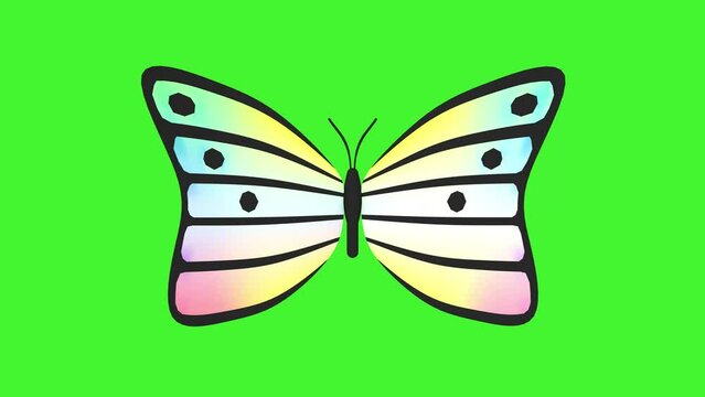 Abstract butterfly flies, flaps its wings on a green screen. Butterfly with colorful iridescent wings. 3D loop animation