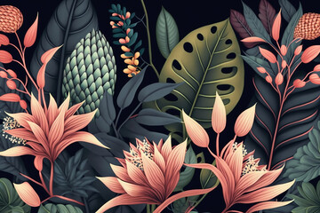 Modern colorful tropical floral pattern Cute botanical abstract contemporary seamless pattern, Hand drawn unique print with Generative AI technology