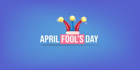 April fools day vector banner with funny clown hat and greeting text isolated on blue background. April fools day label, sticker and funky poster design template. Fools day logo and icon