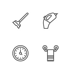 Set line Towel on hanger, Clock, Mop and Portable vacuum cleaner icon. Vector