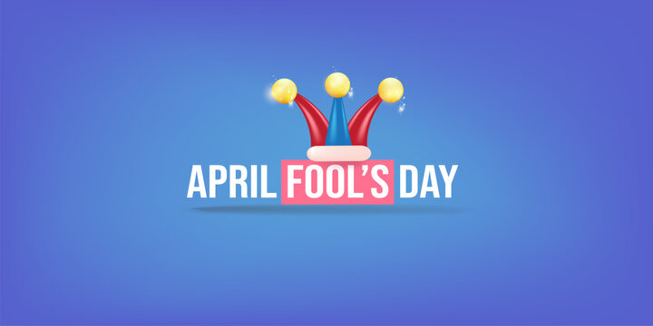 April fools day vector banner with funny clown hat and greeting text isolated on blue background. April fools day label, sticker and funky poster design template. Fools day logo and icon