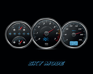 Sport Dashboard Chrome frame Car Gauges Vector with blue highlights in Black Background
