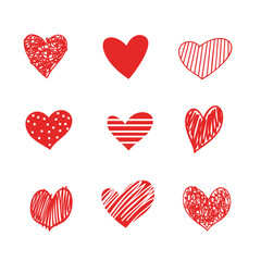 Doodle hearts sketch set. Various different hand drawn love heart icon love collection isolated on white background. Red heart symbol for Marriage and Valentines Day. 
