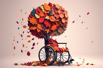 Empty wheelchair near tree with withered orange autumn leaves. No People. Concept of lonely elderly. Generative ai. - obrazy, fototapety, plakaty