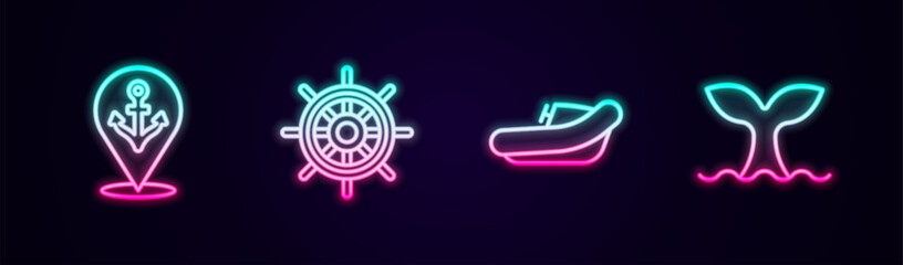 Set line Location with anchor, Ship steering wheel, Inflatable boat motor and Whale tail. Glowing neon icon. Vector